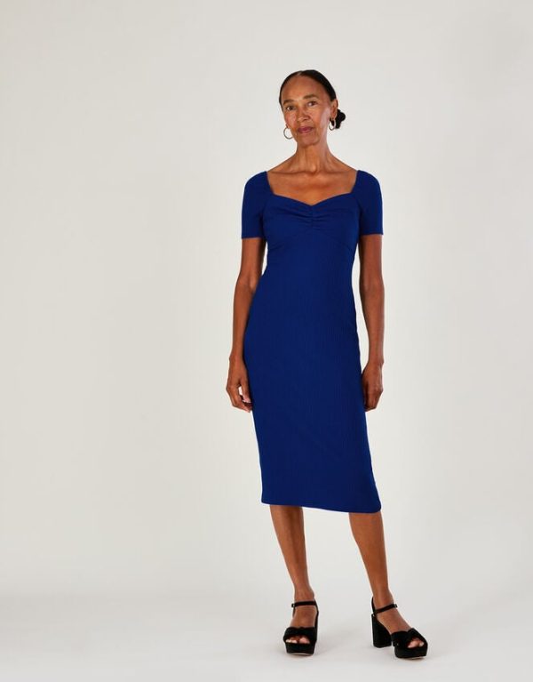 Monsoon Ribbed Sweetheart Midi Jersey Dress Blue