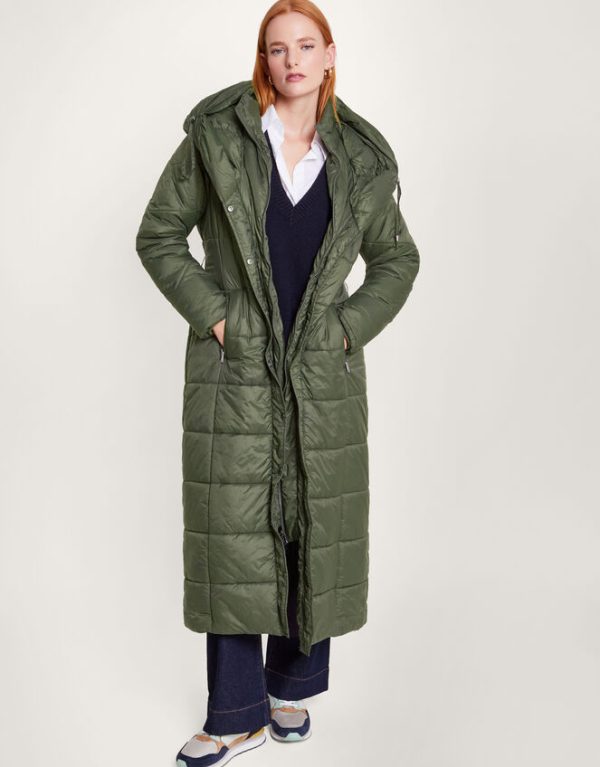 Monsoon Lorena Belted Puffer Maxi Coat Green