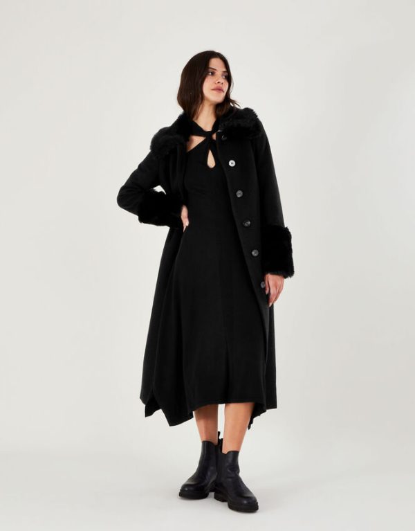 Monsoon Felicity Faux Fur Trim Belted Wool Blend Coat Black