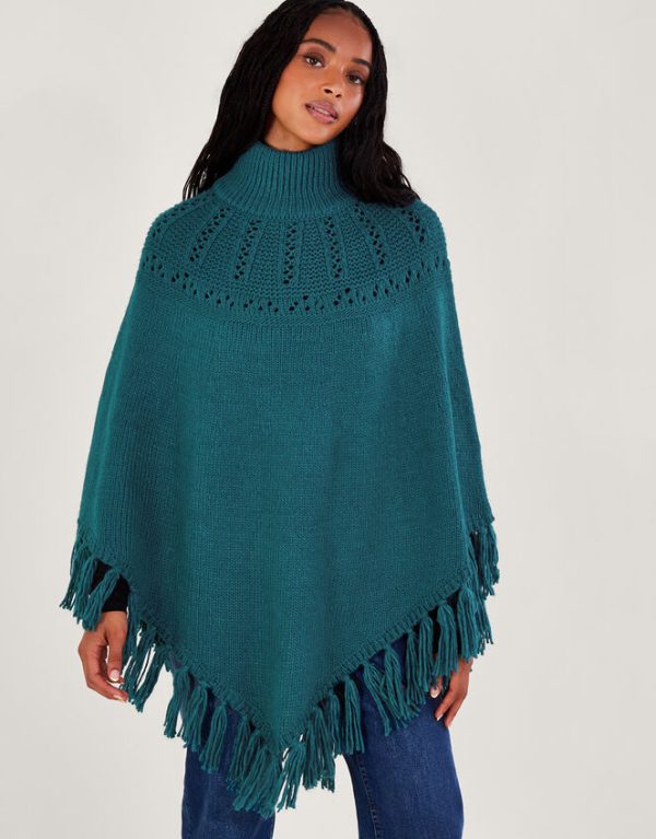 Monsoon Pointelle Poncho with Fringe Trim