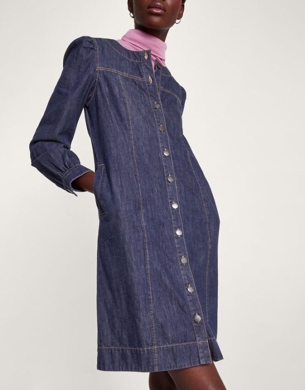 Monsoon Denim Button Through Shirt Dress Blue