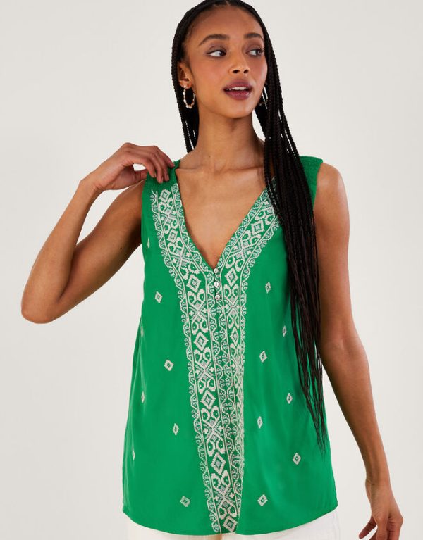 Monsoon Embroidered Wide Strap Vest Top Green