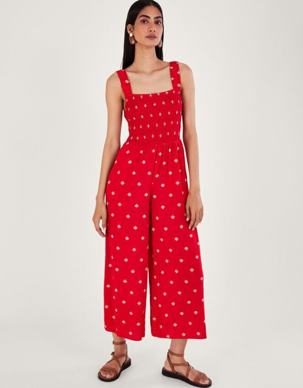 Monsoon Geometric Print Cut-Out Jumpsuit Red