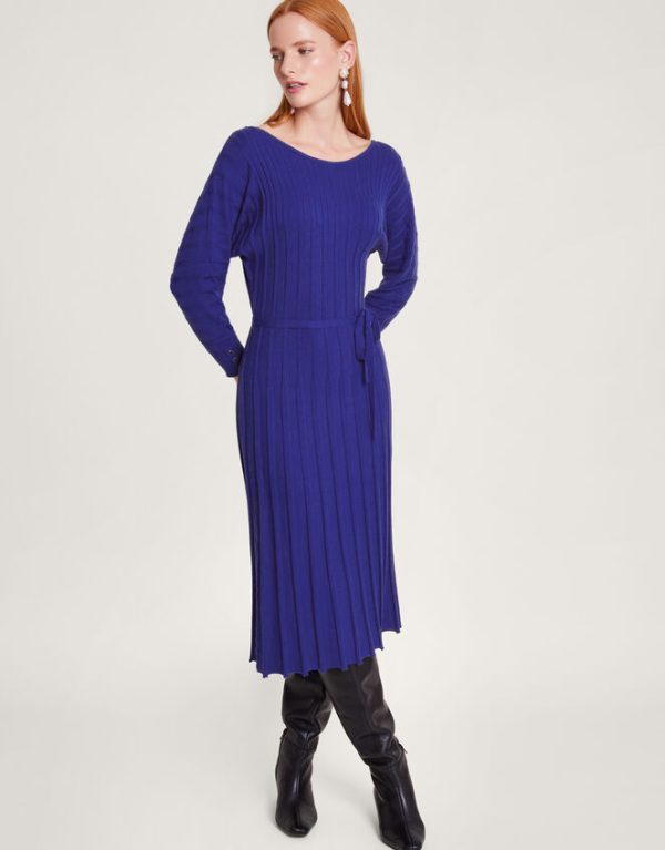 Monsoon Inverted Rib Slash Neck Dress Blue