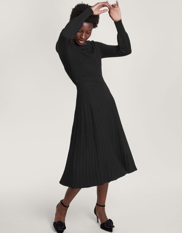 Monsoon Pleat Trim Slash Neck Midi Dress Black