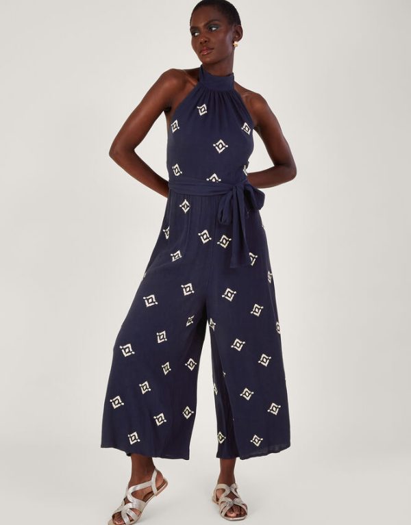 Monsoon Embroidered Motif Halter Neck Jumpsuit Blue