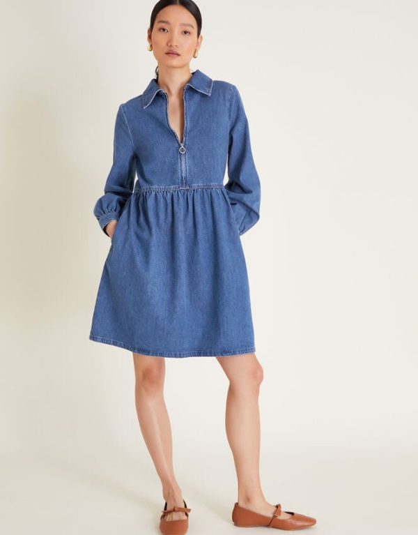 Monsoon Alana Shirt Zip Denim Dress Blue