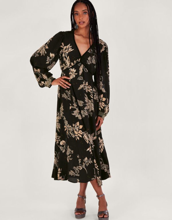 Monsoon Annette Floral Midi Dress Black