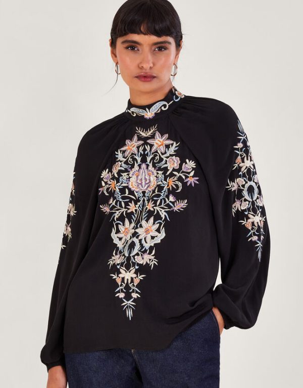 Monsoon Farah Floral Embroidered Blouse Black