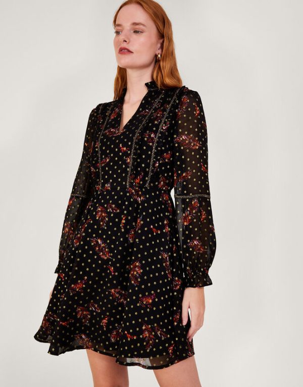 Monsoon Ottilie Print Tea Dress Black