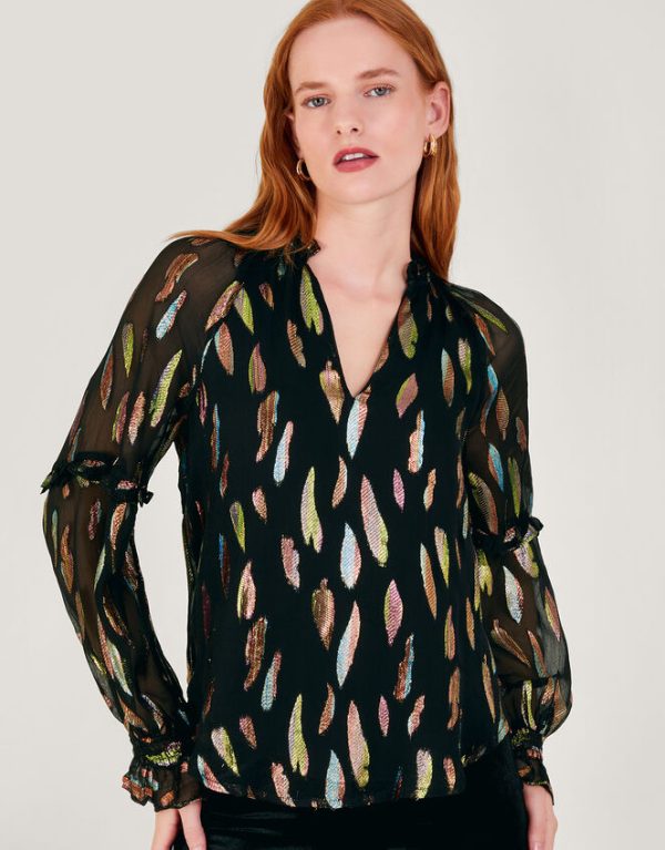 Monsoon Fenna Sheer Feather Print Shirt Black