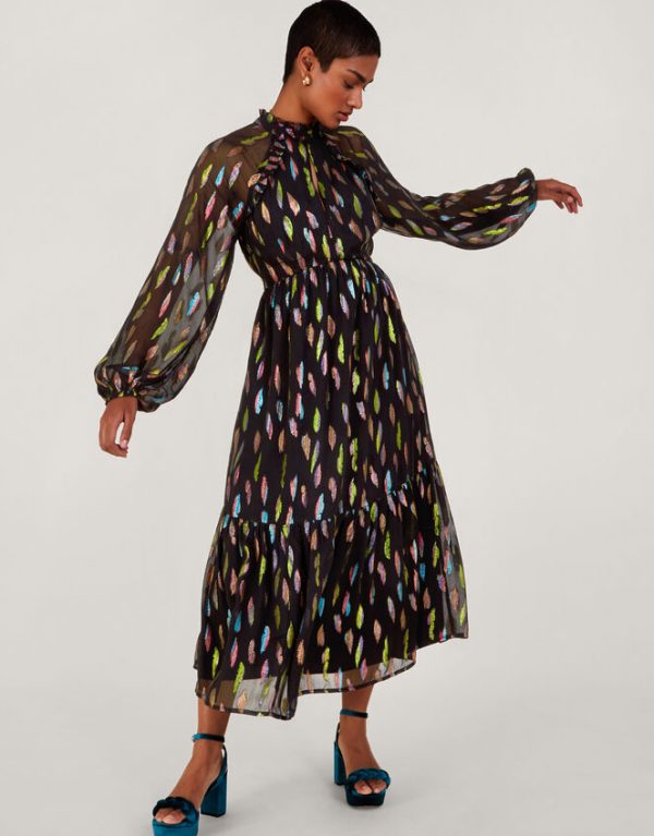 Monsoon Fenna Feather Print Dress Black