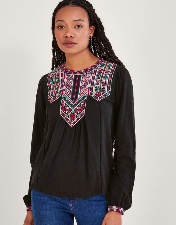 Monsoon Embroidered Jersey Top Black