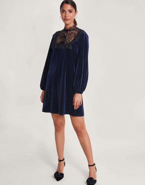 Monsoon Bess Velvet Lace Dress Blue