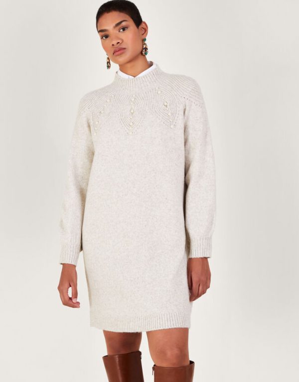 Monsoon Pearl Detail Dress Ivory