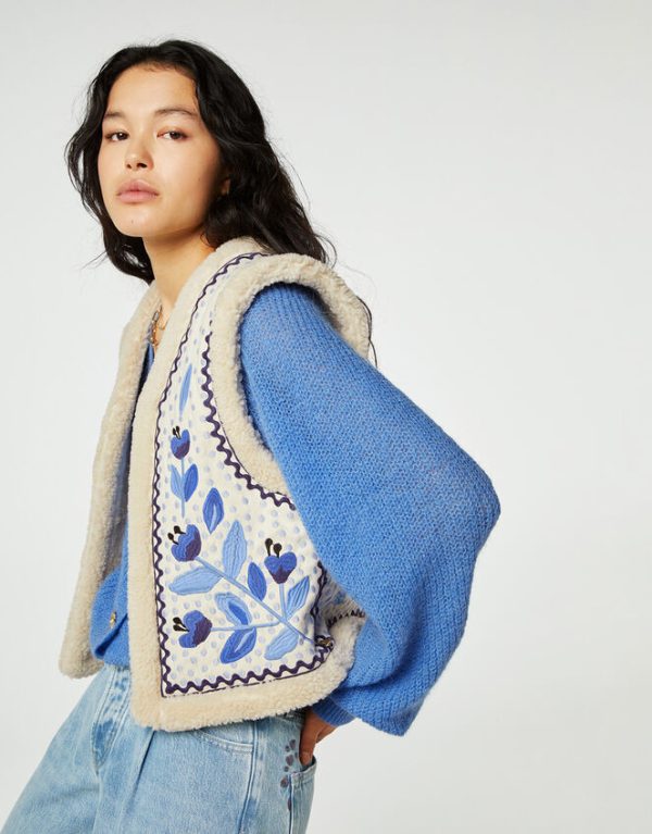 Monsoon Fabienne Chapot Embroidered Borg Gilet Blue - Image 2