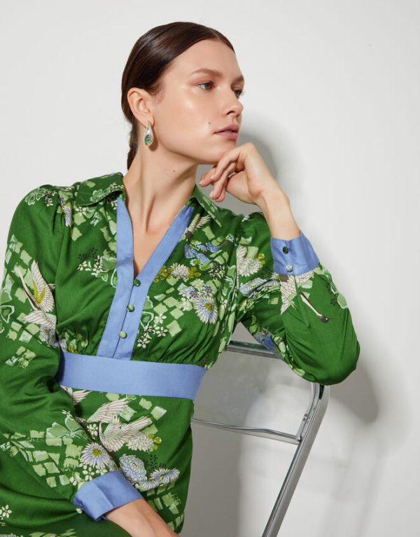 Monsoon Jennifer Long Sleeve Floral Print Midi Dress Green - Image 2