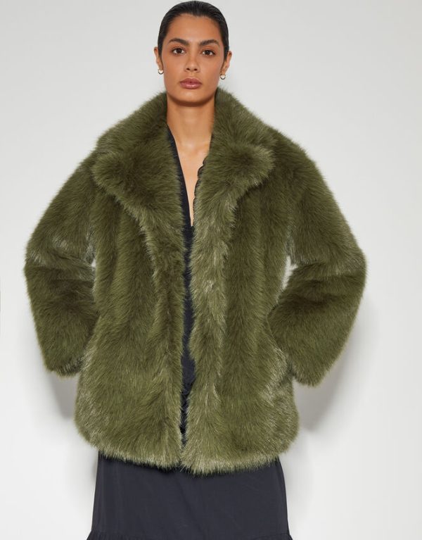 Monsoon Felixa Faux Fur Coat Green - Image 2