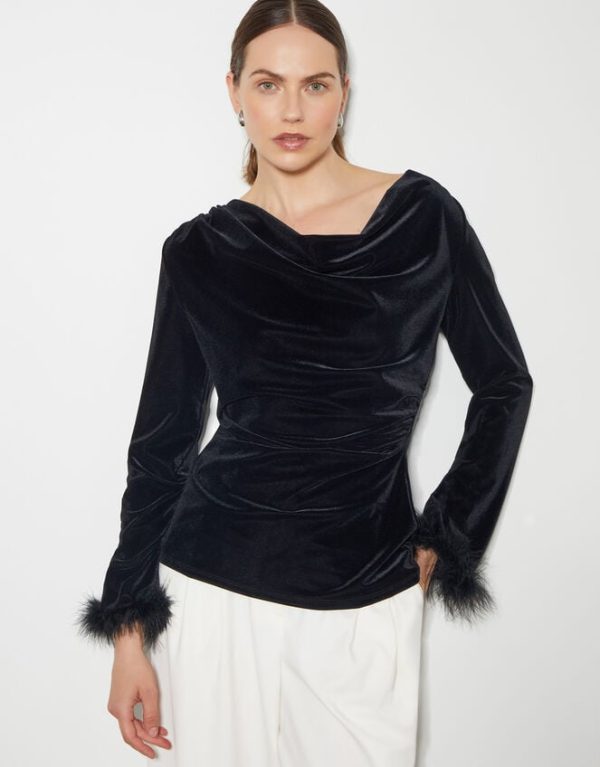 Monsoon Fay Velvet Feather Sleeve Cowl Top Black - Image 2