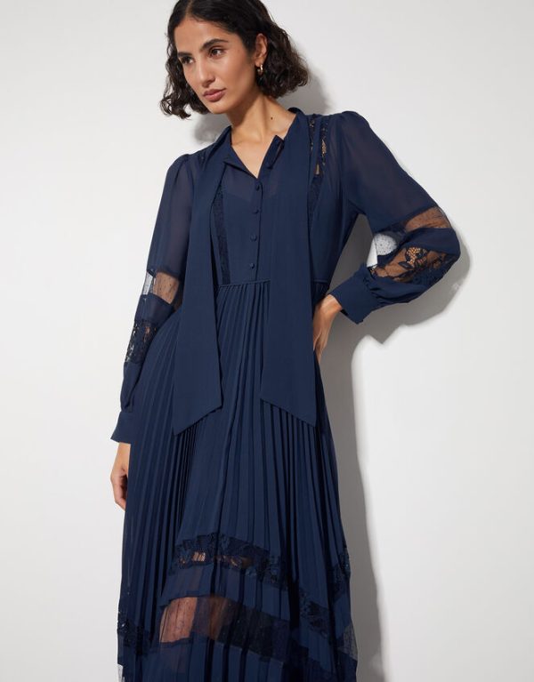 Monsoon Florence Lace Insert Pleated Midi Dress Blue - Image 2