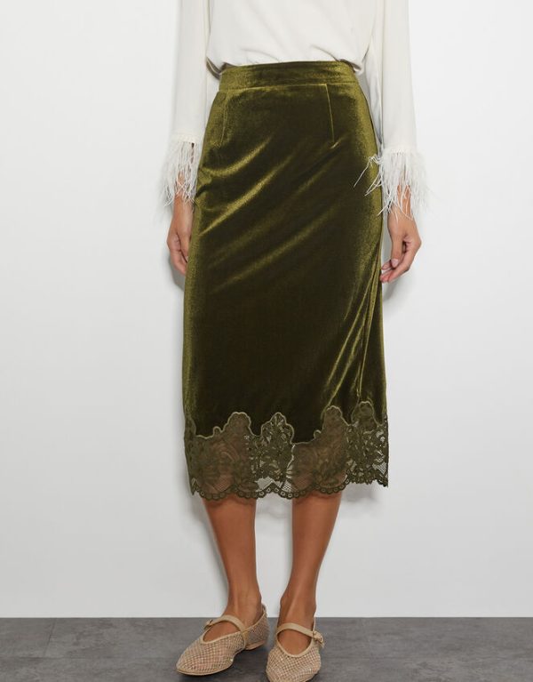 Monsoon Andi Velvet Lace Pencil Skirt Green - Image 2