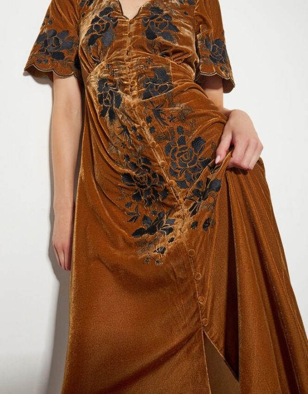 Monsoon Cleo Embroidered Velvet Dress Copper - Image 2