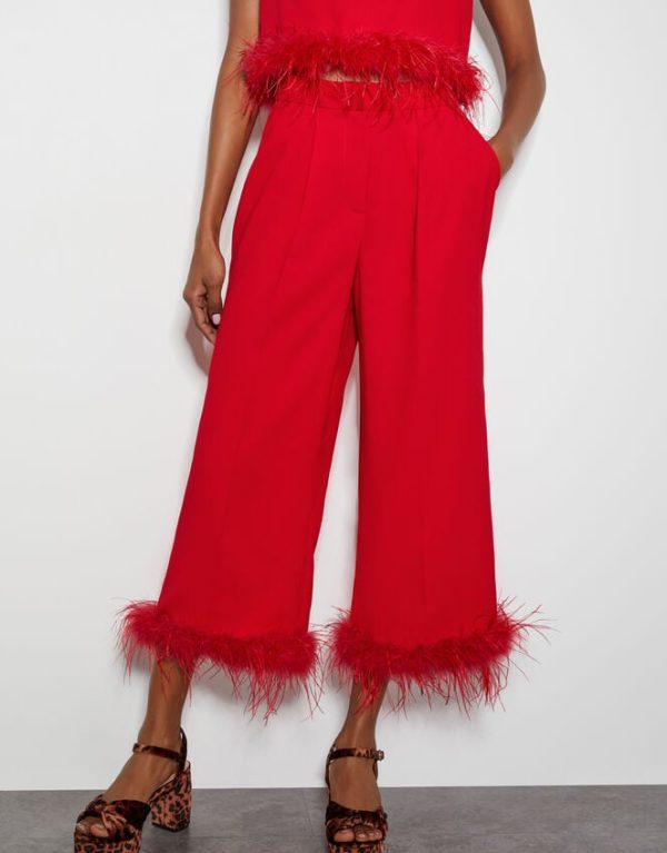 Monsoon Monsoon x Sarah Corbett-Winder Feather Trim Cropped Trousers Red - Image 2