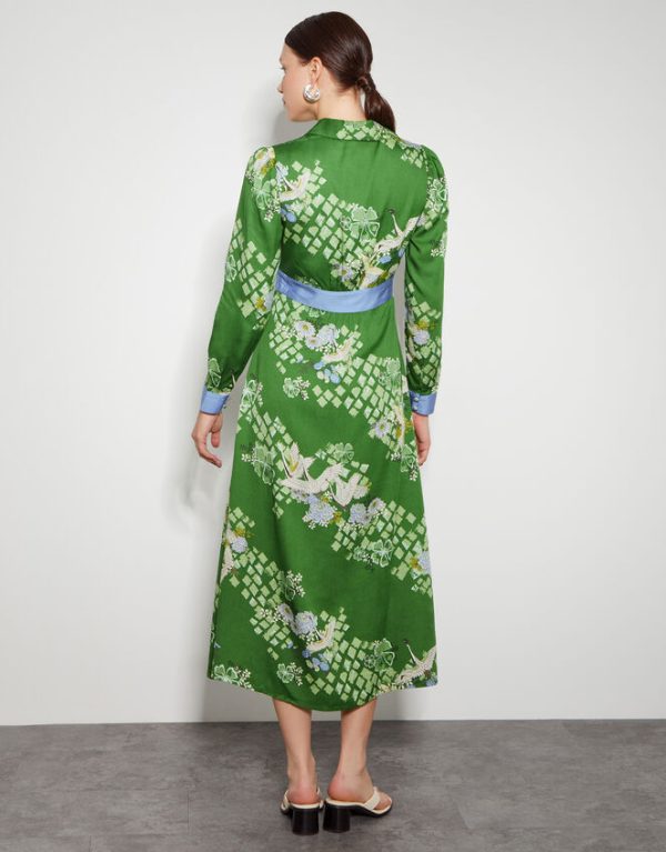 Monsoon Jennifer Long Sleeve Floral Print Midi Dress Green - Image 3