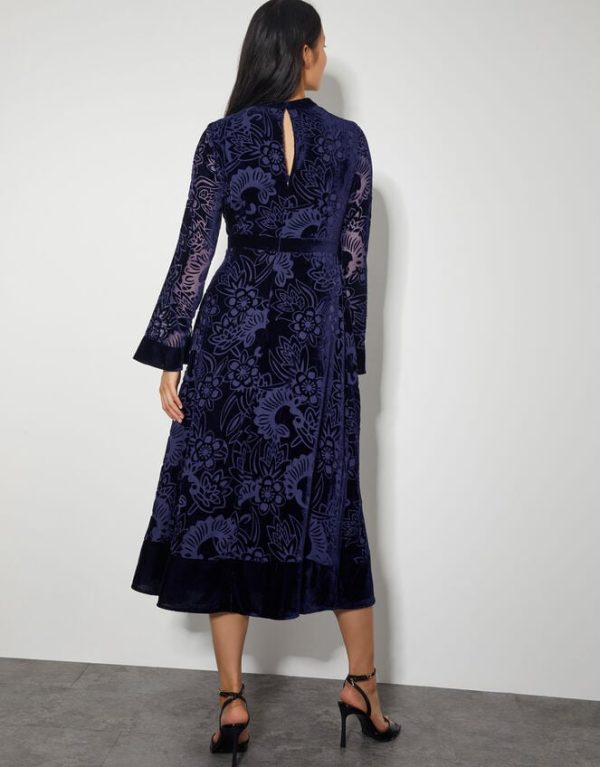 Monsoon Eva Floral Velvet Midi Dress Blue - Image 3