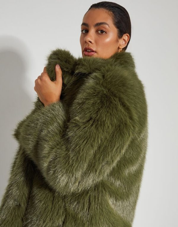 Monsoon Felixa Faux Fur Coat Green - Image 3