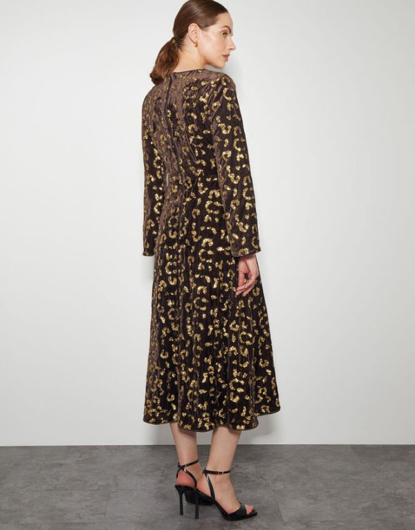 Monsoon Arwen Sequin Leopard Velvet Midi Dress Brown - Image 3