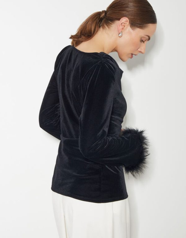 Monsoon Fay Velvet Feather Sleeve Cowl Top Black - Image 3