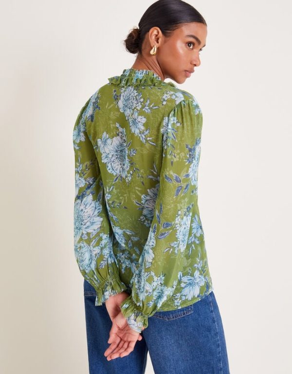 Monsoon Eva Floral Ruffle Blouse Green - Image 3