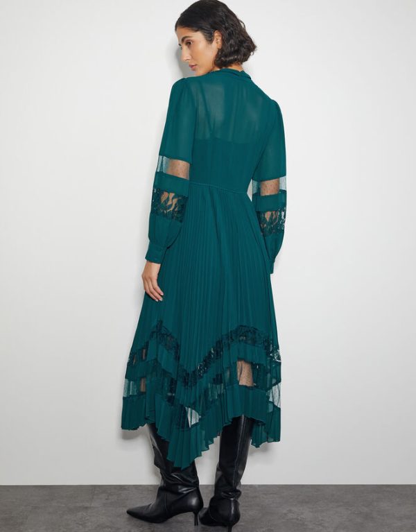 Monsoon Florence Lace Insert Pleated Midi Dress Green - Image 3