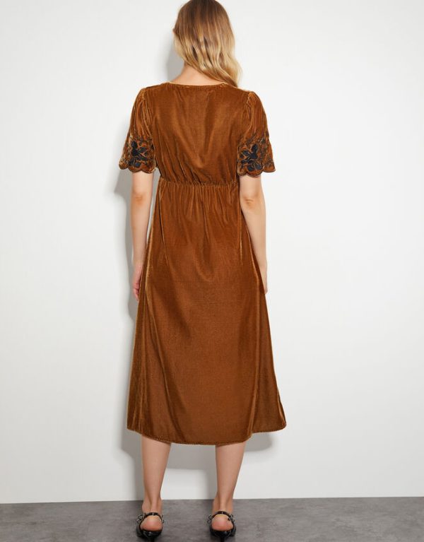 Monsoon Cleo Embroidered Velvet Dress Copper - Image 3