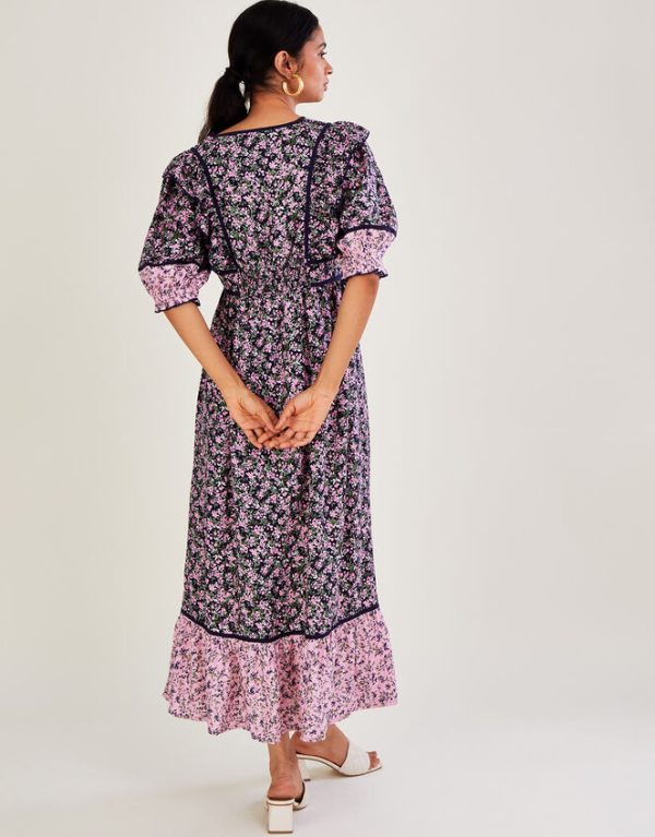 Monsoon V Neck Blossom Print Dolly Dress Purple - Image 3