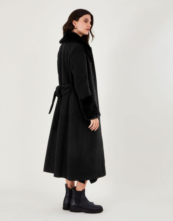 Monsoon Felicity Faux Fur Trim Belted Wool Blend Coat Black - Image 3