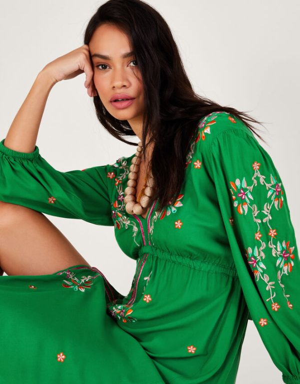 Monsoon Embroidered Maxi Kaftan Dress Green - Image 2