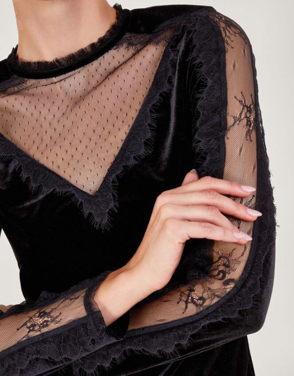 Monsoon Vanya Lacy Velvet Long Sleeve Top Black - Image 2