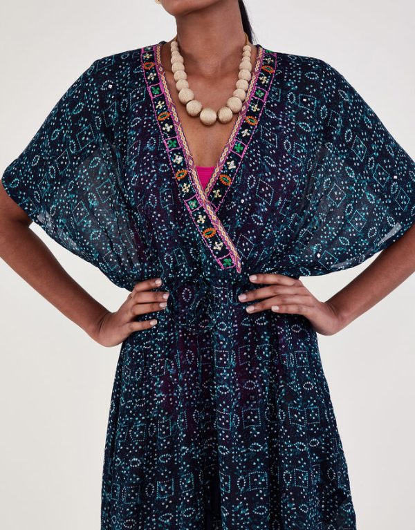 Monsoon Print Embroidered Kaftan Dress Blue - Image 2