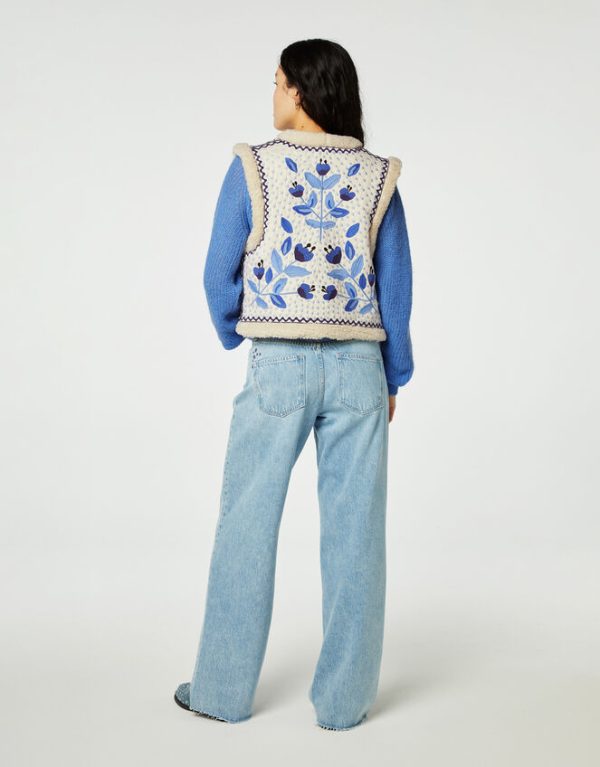 Monsoon Fabienne Chapot Embroidered Borg Gilet Blue - Image 4