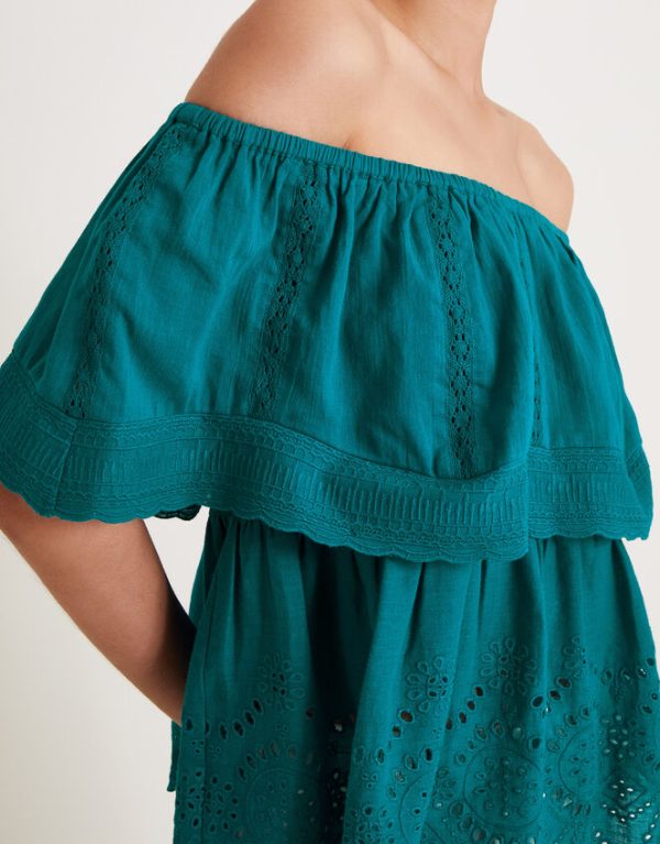 Monsoon Cleo Broderie Bardot Top Teal - Image 4