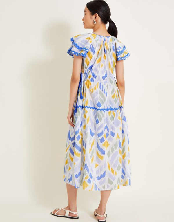 Monsoon Myla Geometric Print Ruffle Dress Blue - Image 4