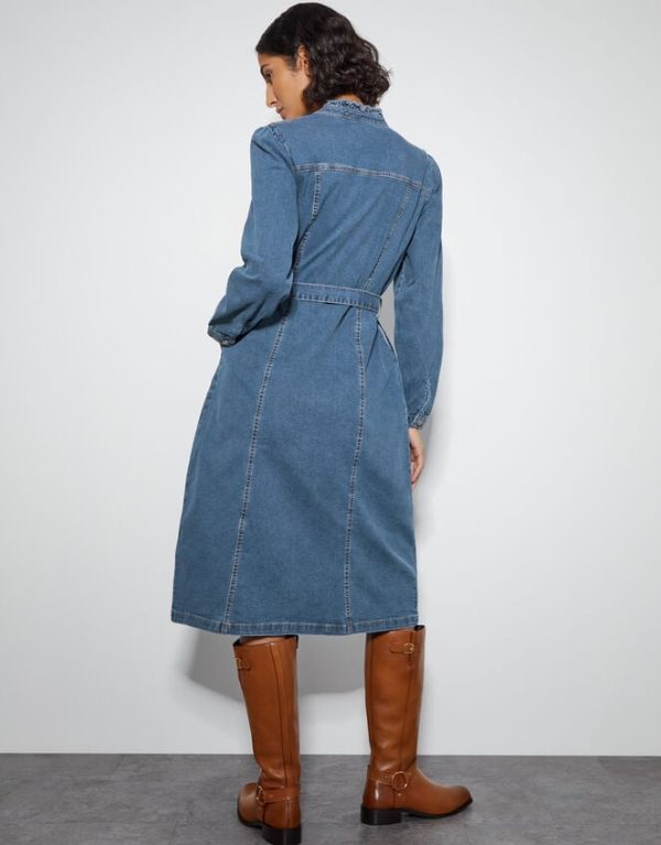 Monsoon Izzy Long Sleeve Denim Zip Midi Dress Blue - Image 4