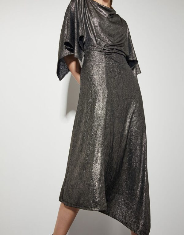 Monsoon Mila Drape Metallic Jersey Midi Dress Gold - Image 4