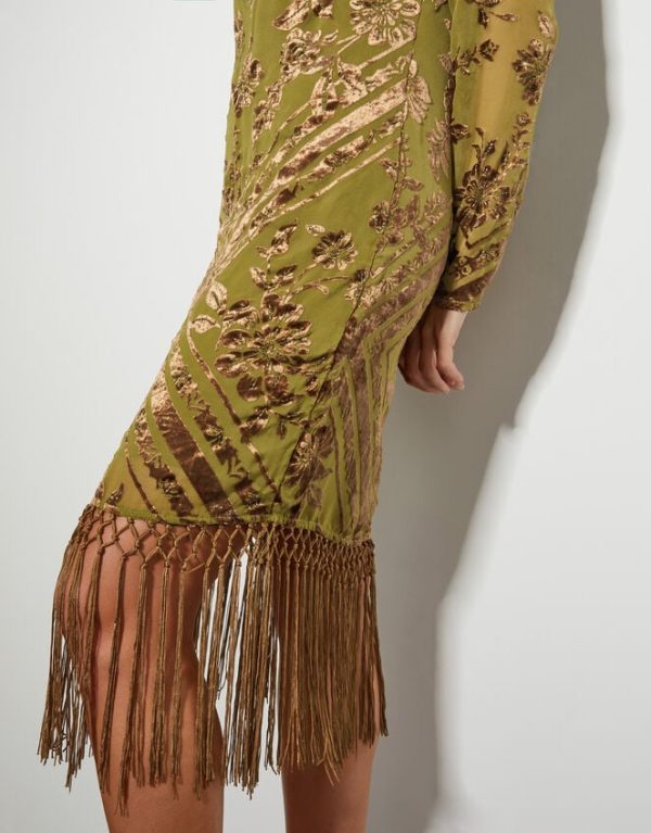 Monsoon Darcy Devore Fringe Dress Yellow - Image 4