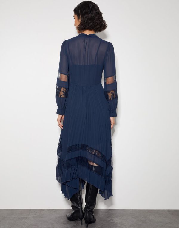 Monsoon Florence Lace Insert Pleated Midi Dress Blue - Image 4