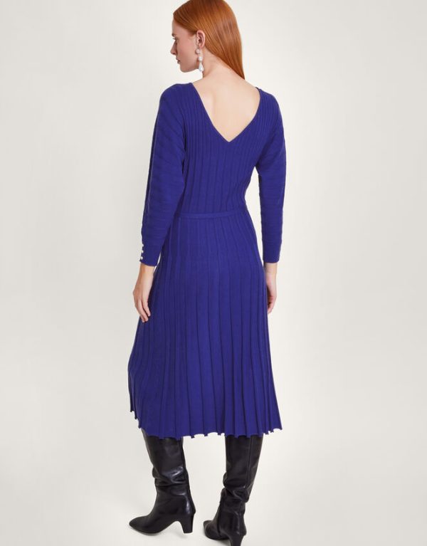 Monsoon Inverted Rib Slash Neck Dress Blue - Image 3