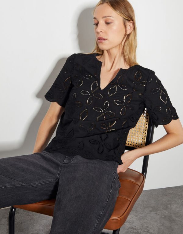 Monsoon Brooke Short Sleeve Broderie TopBlack - Image 5