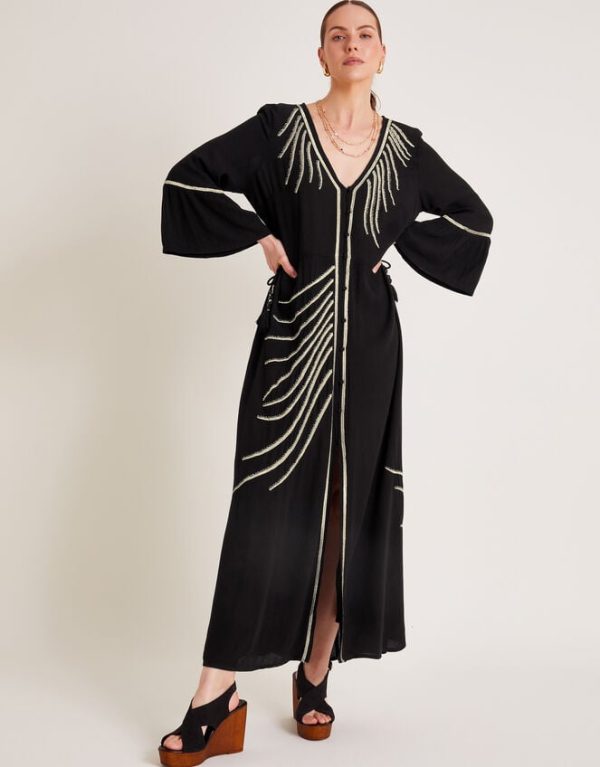 Monsoon Cali Embroidered Leaf Kaftan Dress Black - Image 6